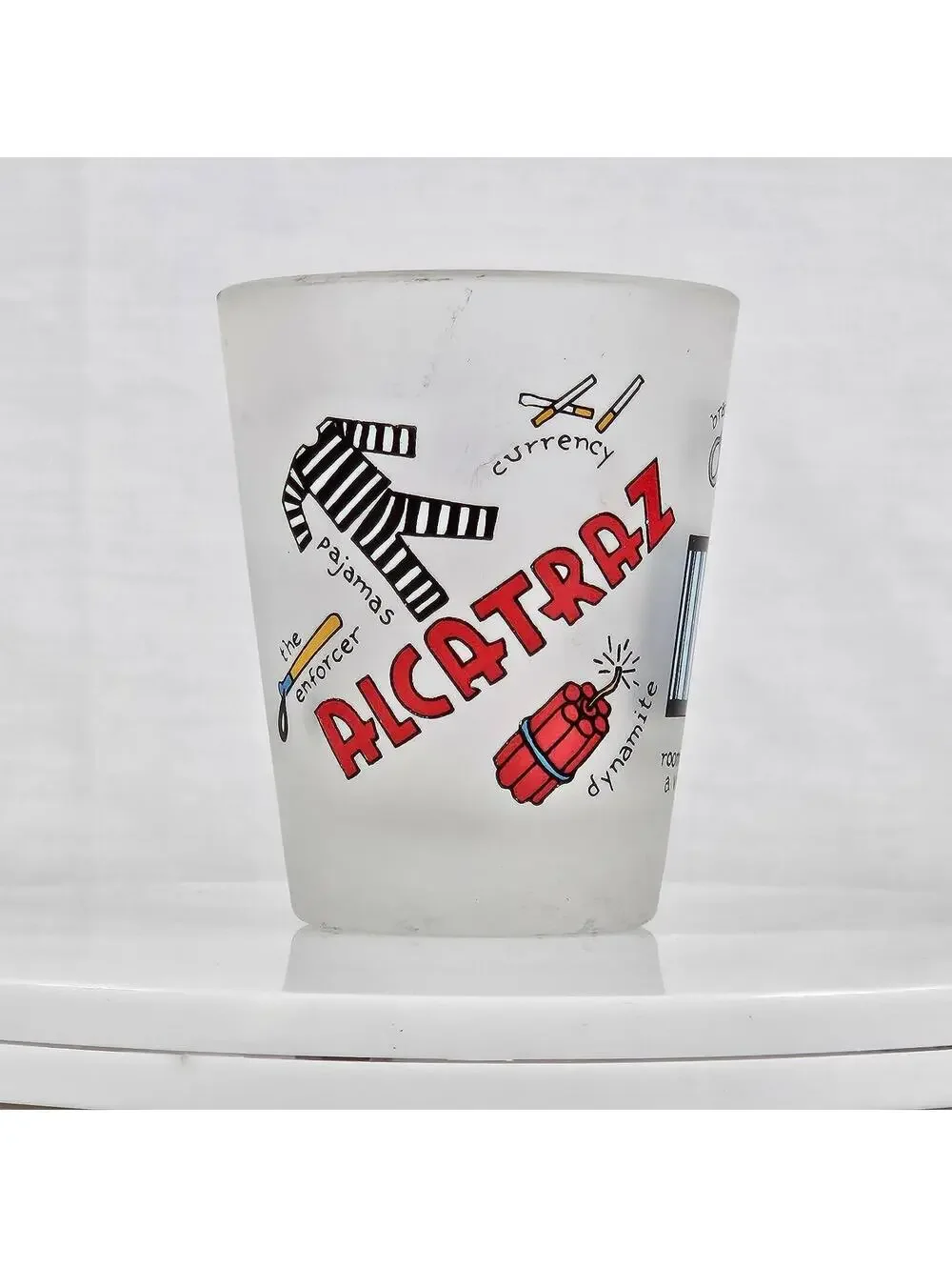 Vintage Alcatraz Frosted Shot Glass Prison Humor Novelty San Francisco Souvenir